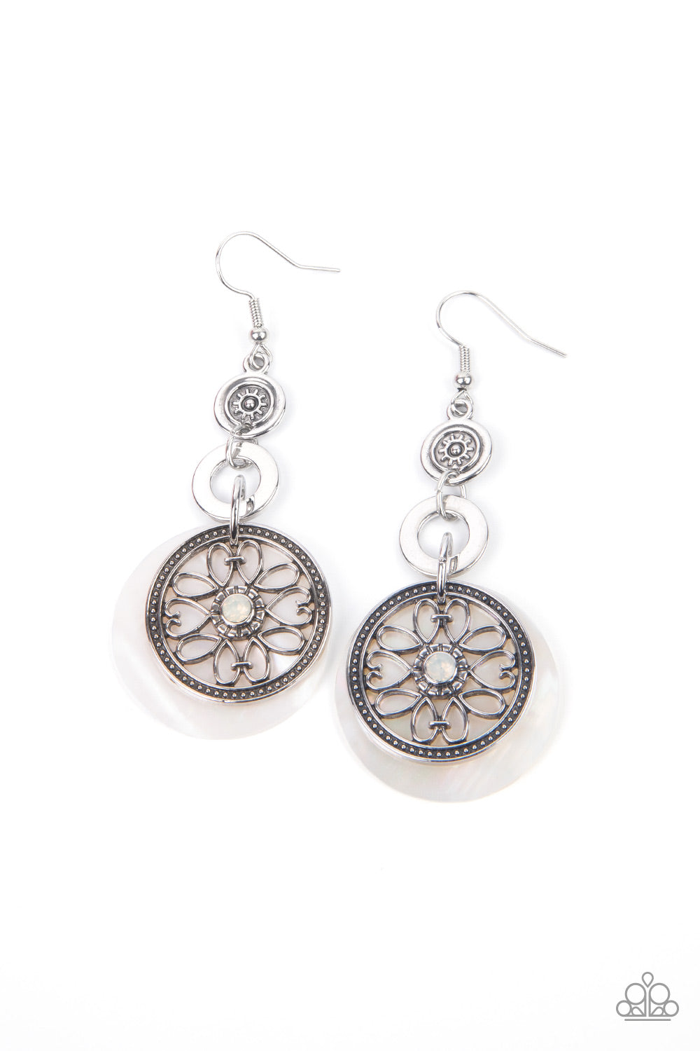 Royal Marina White Earring - Paparazzi Accessories Reminiscent of an eclipse, an airy silver ring radiating with ornate petals, sways in front of a white shell-like disc. Silver rings in graduating sizes cascade from the top for a whimsically nautical look. Earring attaches to a standard fishhook fitting. All Paparazzi Accessories are lead free and nickel free! Sold as one pair of earrings.
