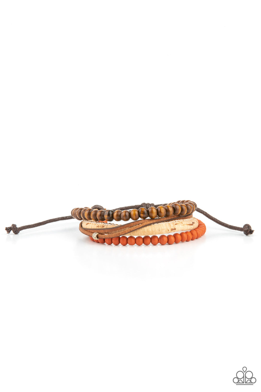 STACK To Basics Orange Urban Bracelet - Paparazzi Accessories. Featuring a strand of orange wooden beads, a collection of earthy strands of cork, leather, and wood, comes together for a simple handmade feel as it stacks up the wrist. Features an adjustable sliding knot closure. All Paparazzi Accessories are lead free and nickel free! Sold as one individual bracelet.