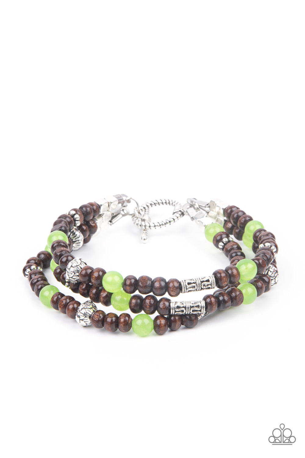 Woodsy Walkabout Green Toggle Bracelet - Paparazzi Accessories. Apple Green stones and ornate silver beads provide a refreshing accent to triple strands of wooden beads as they layer around the wrist in an air of earthy sophistication. Features a toggle clasp closure. All Paparazzi Accessories are lead free and nickel free! Sold as one individual bracelet.