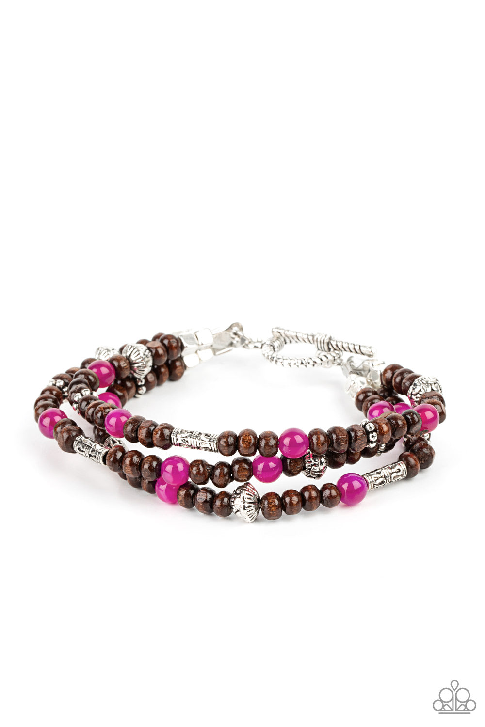 Woodsy Walkabout Pink Bracelet - Paparazzi Accessories Pink stones and ornate silver beads provide a refreshing accent to triple strands of wooden beads as they layer around the wrist in an air of earthy sophistication. Features a toggle clasp closure. All Paparazzi Accessories are lead free and nickel free! Sold as one individual bracelet.
