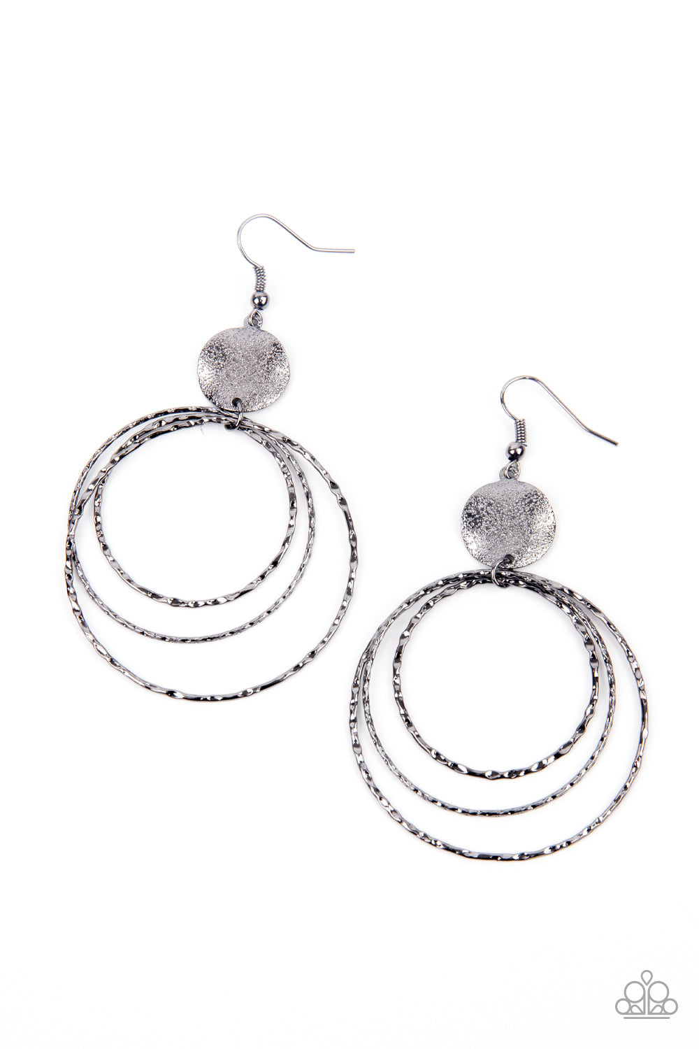 Universal Rehearsal Black Earring - Paparazzi Accessories A shimmery wavy gunmetal disc links atop a collection of three delicately hammered gunmetal rings in concentric sizes for an out-of-this-world finish. Earring attaches to a standard fishhook fitting. All Paparazzi Accessories are lead free and nickel free! Sold as one pair of earrings.