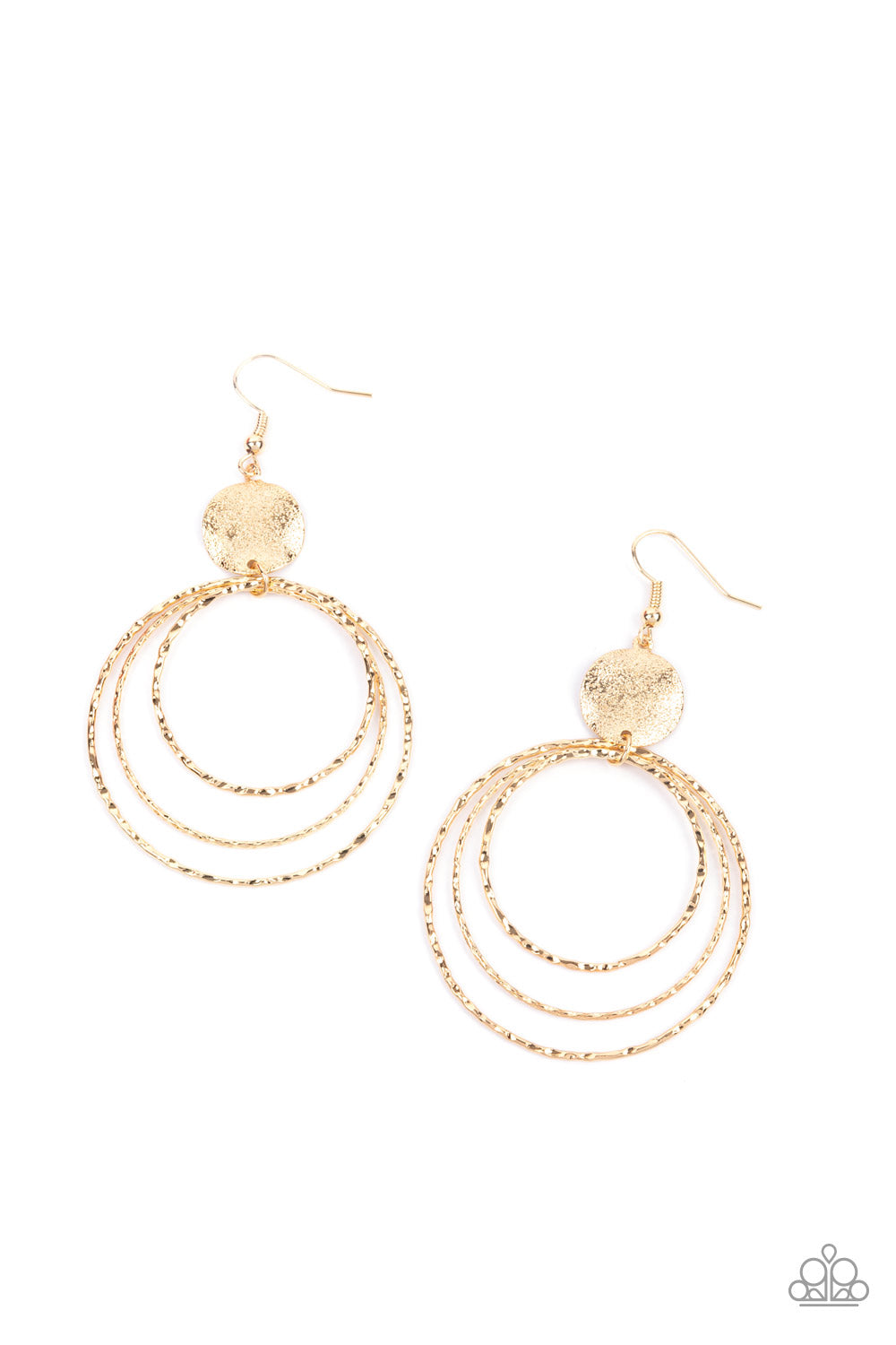 Universal Rehearsal Gold Earring - Paparazzi Accessories A shimmery wavy gold disc links atop a collection of three delicately hammered gold rings in concentric sizes for an out-of-this-world finish. Earring attaches to a standard fishhook fitting. All Paparazzi Accessories are lead free and nickel free! Sold as one pair of earrings.