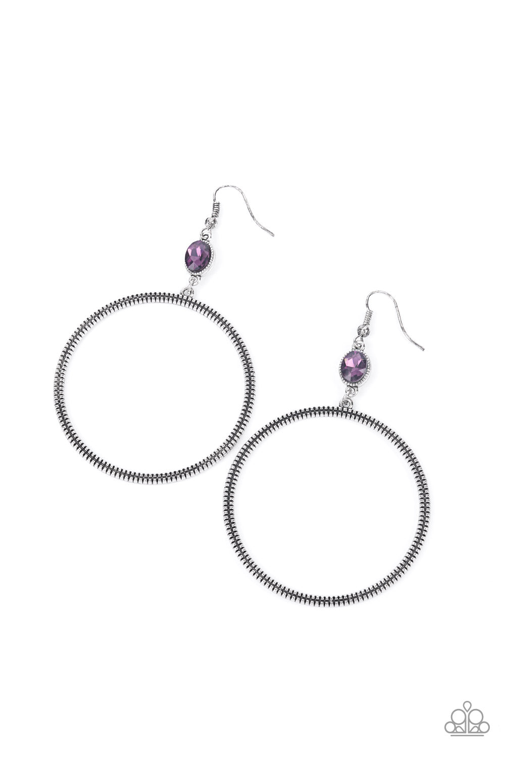 Work That Circuit Purple Earring - Paparazzi Accessories. A slim oversized silver ring, highlighted by two concentric circles of dotted texture, dangles from an oval purple gem for an edgy refined look. Earring attaches to a standard fishhook fitting. All Paparazzi Accessories are lead free and nickel free! Sold as one pair of earrings.