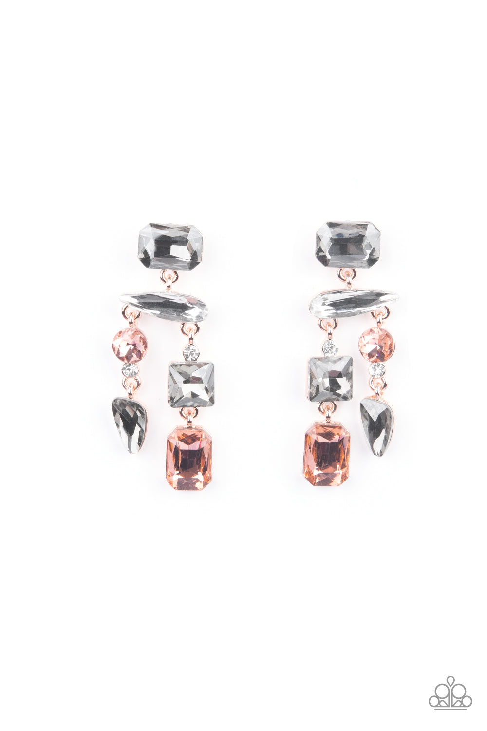 Hazard Pay Multi Earring - Paparazzi Accessories Varying in shape, a smoldering collection of white, smoky, and topaz gems haphazardly link into an edgy chandelier of rose gold frames. Earring attaches to a standard post fitting. All Paparazzi Accessories are lead free and nickel free! Sold as one pair of post earrings.