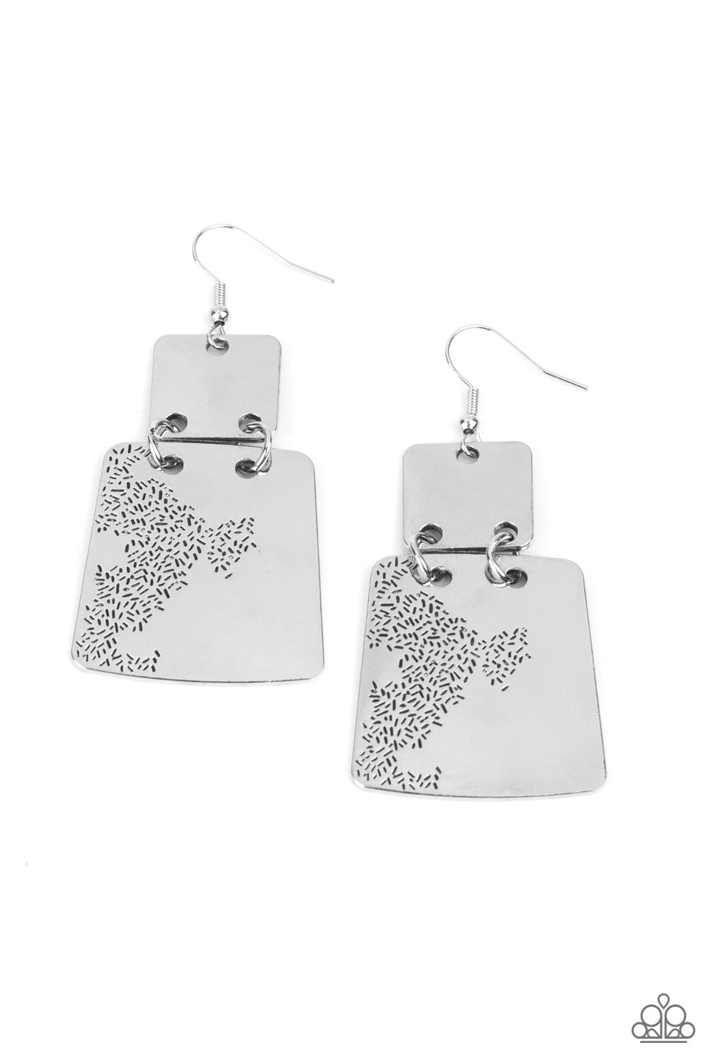 Tagging Along Silver Earring - Paparazzi Accessories Stamped in an abstract pattern, a flared silver plate links to the bottom of a square silver frame, creating a rustic lure. Earring attaches to a standard fishhook fitting. All Paparazzi Accessories are lead free and nickel free! Sold as one pair of earrings.