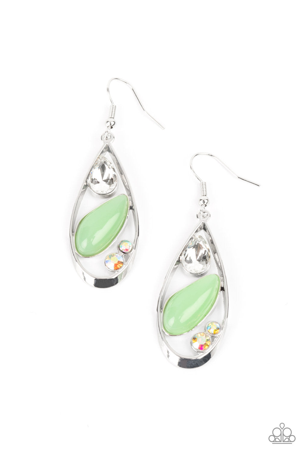 Harmonious Harbors Green Earring - Paparazzi Accessories. A silver teardrop frame embraces a collection of iridescent rhinestones and a milky Green Ash bead that is reminiscent of seashore finds. Earring attaches to a standard fishhook fitting. All Paparazzi Accessories are lead free and nickel free! Sold as one pair of earrings.