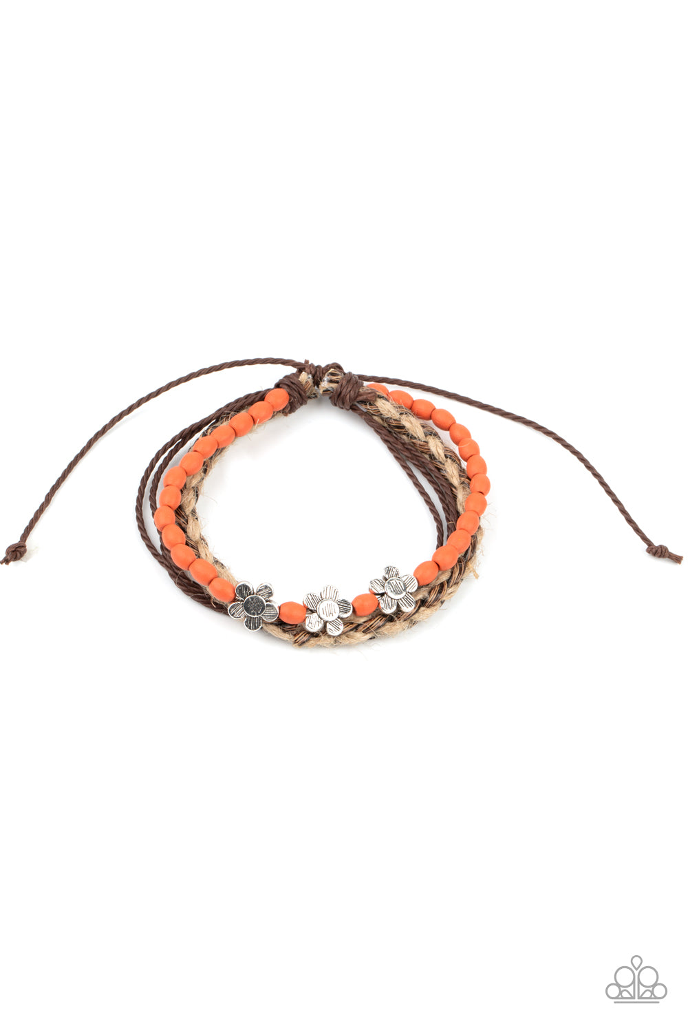 Raffia Remix Orange Urban Bracelet - Paparazzi Accessories Three delightful etched silver flowers stand out on a strand of orange wooden beads. Paired with an assortment of braided twine and cording, the set wraps around the wrist for an earthy remix. Features an adjustable sliding knot closure. All Paparazzi Accessories are lead free and nickel free! Sold as one individual bracelet.
