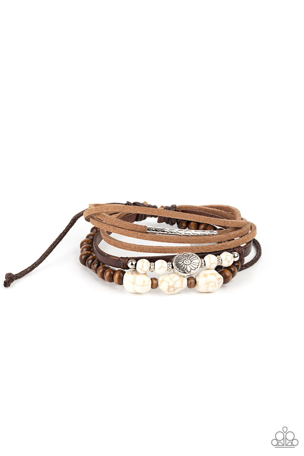 Act Natural White Urban Bracelet - Paparazzi Accessories Featuring natural white stone and silver accents, a collection of leather strands and wooden beads encircle the wrist in a subtle Southwestern fashion. Features an adjustable sliding knot closure. Sold as one individual bracelet.