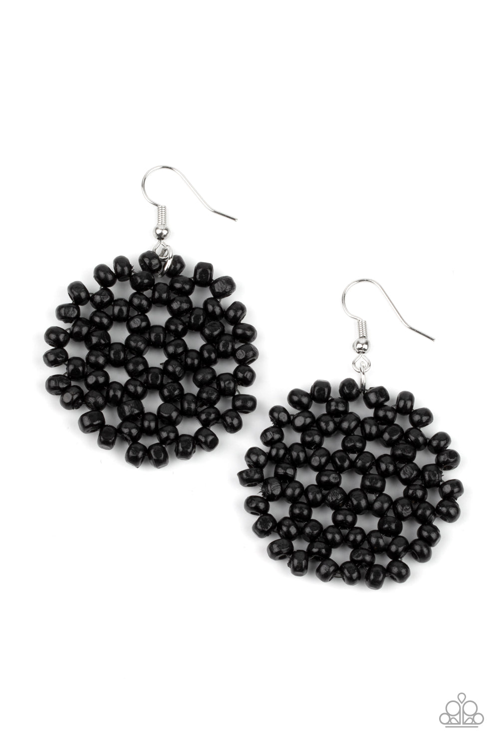 Summer Escapade Black Earring - Paparazzi Accessories Clusters of dainty black wooden beads are threaded along invisible wire, creating a vivacious floral pattern frame for a summery flair. Earring attaches to a standard fishhook fitting. Sold as one pair of earrings.