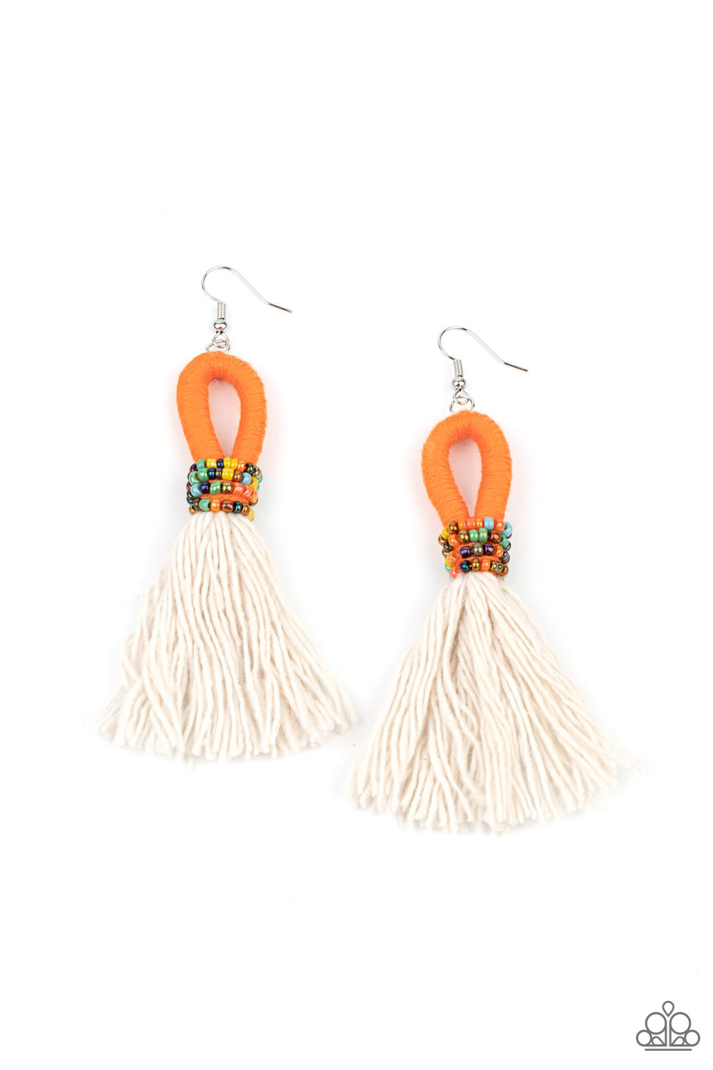 The Dustup Orange Earring - Paparazzi Accessories A tassel of soft white cotton fans out under rows of brightly colored seed beads. Anchored by a loop of vibrant orange floss, the eye-catching style swings from the ear for a show-stopping statement. Earring attaches to a standard fishhook fitting. All Paparazzi Accessories are lead free and nickel free! Sold as one pair of earrings.