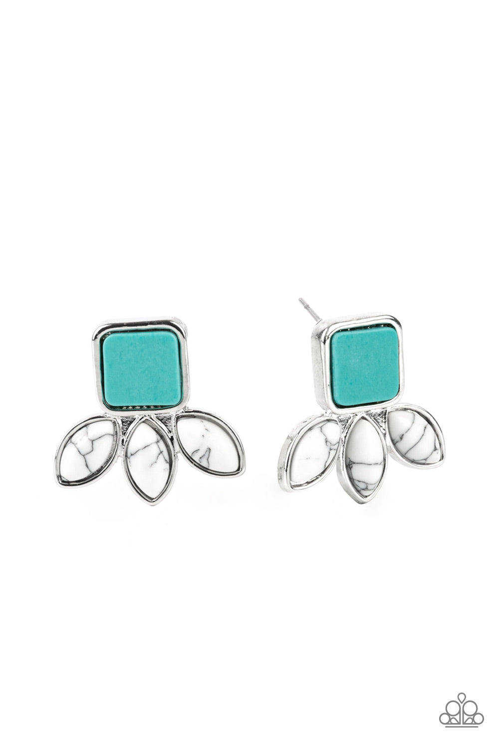 Hill Country Blossoms Blue Earring - Paparazzi Accessories Encased in sleek silver frames, a trio of marquise white stones fan out from the bottom of a square turquoise stone for an earthy flair. Earring attaches to a standard post fitting. All Paparazzi Accessories are lead free and nickel free! Sold as one pair of post earrings.