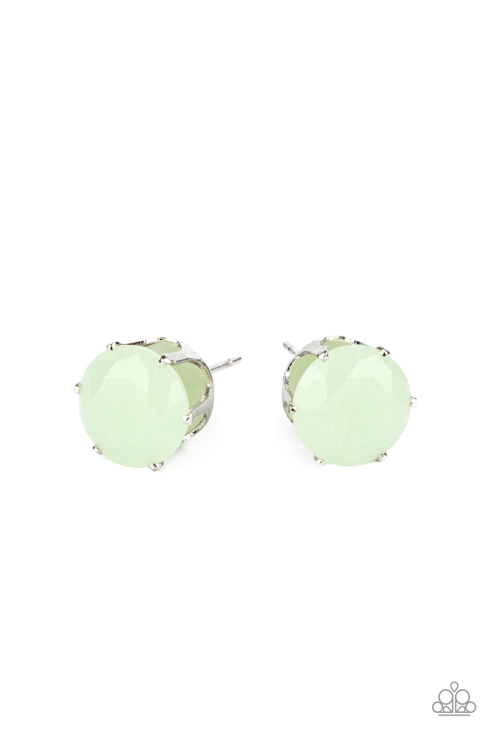 Simply Serendipity Green Post Earring - Paparazzi Accessories Dewy Green Ash faceted gem-like beads float atop a pronged silver fitting, creating an ethereal display. Earring attaches to a standard post fitting. All Paparazzi Accessories are lead free and nickel free! Sold as one pair of post earrings.