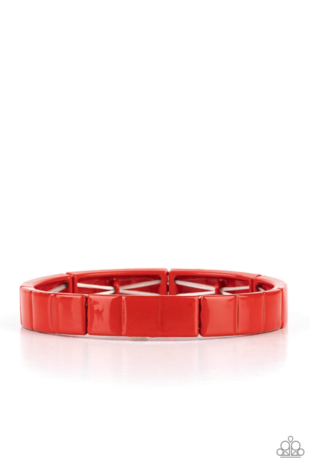 Material Movement Red Bracelet - Paparazzi Accessories Metal rectangles painted in a fiery red finish are threaded along stretchy bands, forming a gorgeous pop of color that wraps around the wrist. All Paparazzi Accessories are lead free and nickel free! Sold as one individual bracelet.
