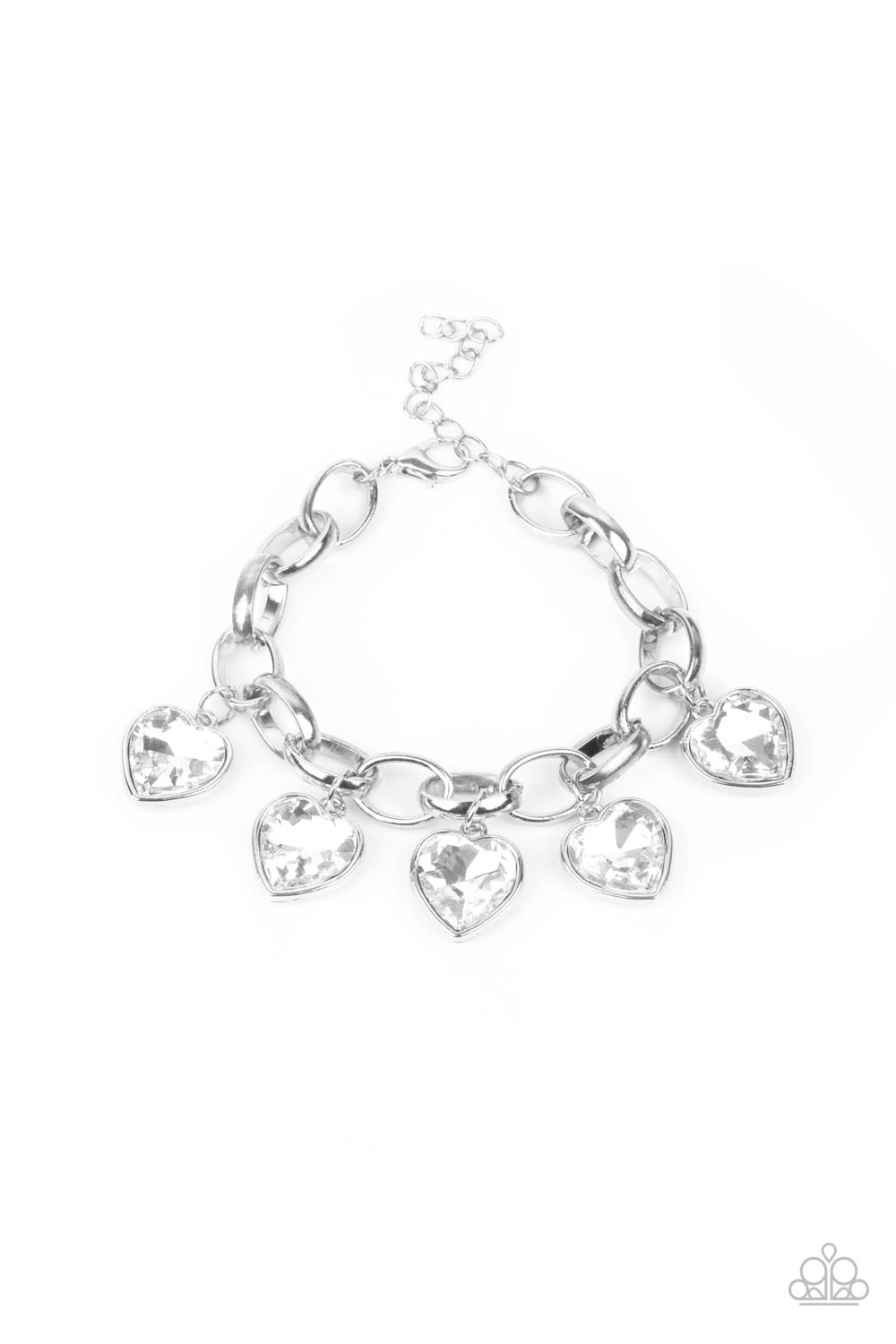 Candy Heart Charmer White Bracelet - Paparazzi Accessories White heart-shaped gems are encased in sleek silver frames that swing from an oversized silver chain, creating a sparkly fringe around the wrist. Features an adjustable clasp closure. All Paparazzi Accessories are lead free and nickel free! Sold as one individual bracelet.