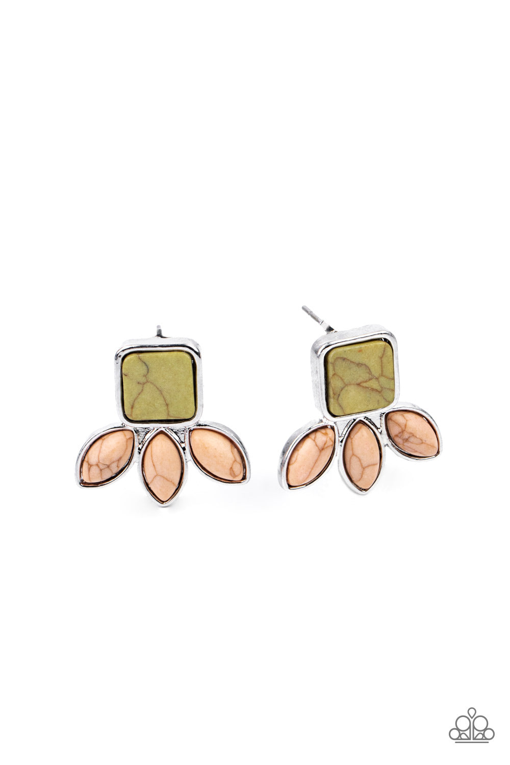Hill Country Blossoms Multi Post Earring - Paparazzi Accessories. Encased in sleek silver frames, a trio of marquise Desert Mist stones fan out from the bottom of a square Willow stone for an earthy flair. Earring attaches to a standard post fitting. All Paparazzi Accessories are lead free and nickel free! Sold as one pair of post earrings.
