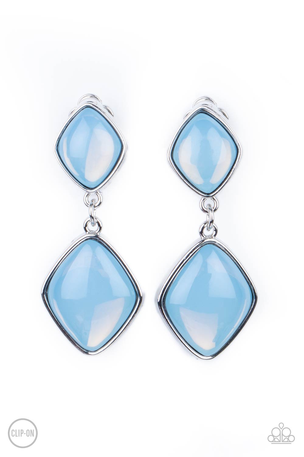 Double Dipping Diamonds Blue Clip-On Earring - Paparazzi Accessories A pair of diamond shaped Cerulean opals are pressed into the centers of rustic silver frames that link into an ethereal lure. Earring attaches to a standard clip-on fitting. All Paparazzi Accessories are lead free and nickel free! Sold as one pair of clip-on earrings.