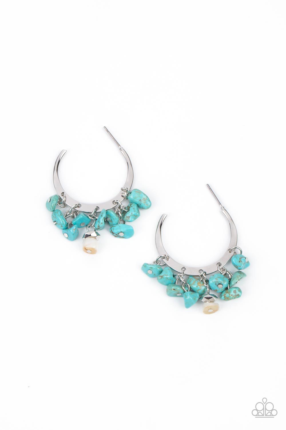 Gorgeously Grounding Blue Earring - Paparazzi Accessories Clusters of turquoise pebbles swing from the bottom of a dainty silver hoop, creating an earthy fringe. A faceted silver and white stone bead swings from the center, adding an ethereal edge. Earring attaches to a standard post fitting. Hoop measures approximately 1 1/4" in diameter. All Paparazzi Accessories are lead free and nickel free! Sold as one pair of hoop earrings.