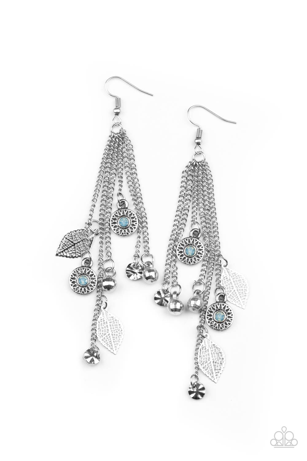 A Natural Charmer Blue Earring - Paparazzi Accessories. Dewy Cerulean rhinestone dotted frames, airy silver leaves, silver disco ball-like beads stream from the bottoms of dainty silver chains, creating a whimsically tasseled display. Earring attaches to a standard fishhook fitting. All Paparazzi Accessories are lead free and nickel free! Sold as one pair of earrings.