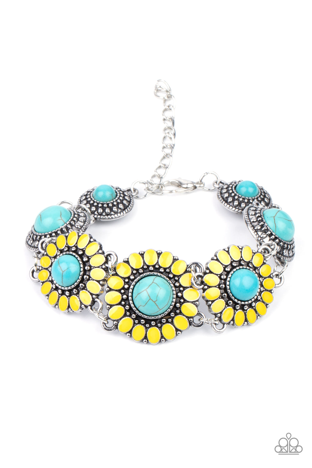 Bodaciously Badlands Yellow Bracelet - Paparazzi Accessories Featuring refreshing turquoise stone centers, studded silver frames double-link with yellow petaled floral frames around the wrist for a colorfully seasonal look. Features an adjustable clasp closure. All Paparazzi Accessories are lead free and nickel free! Sold as one individual bracelet.