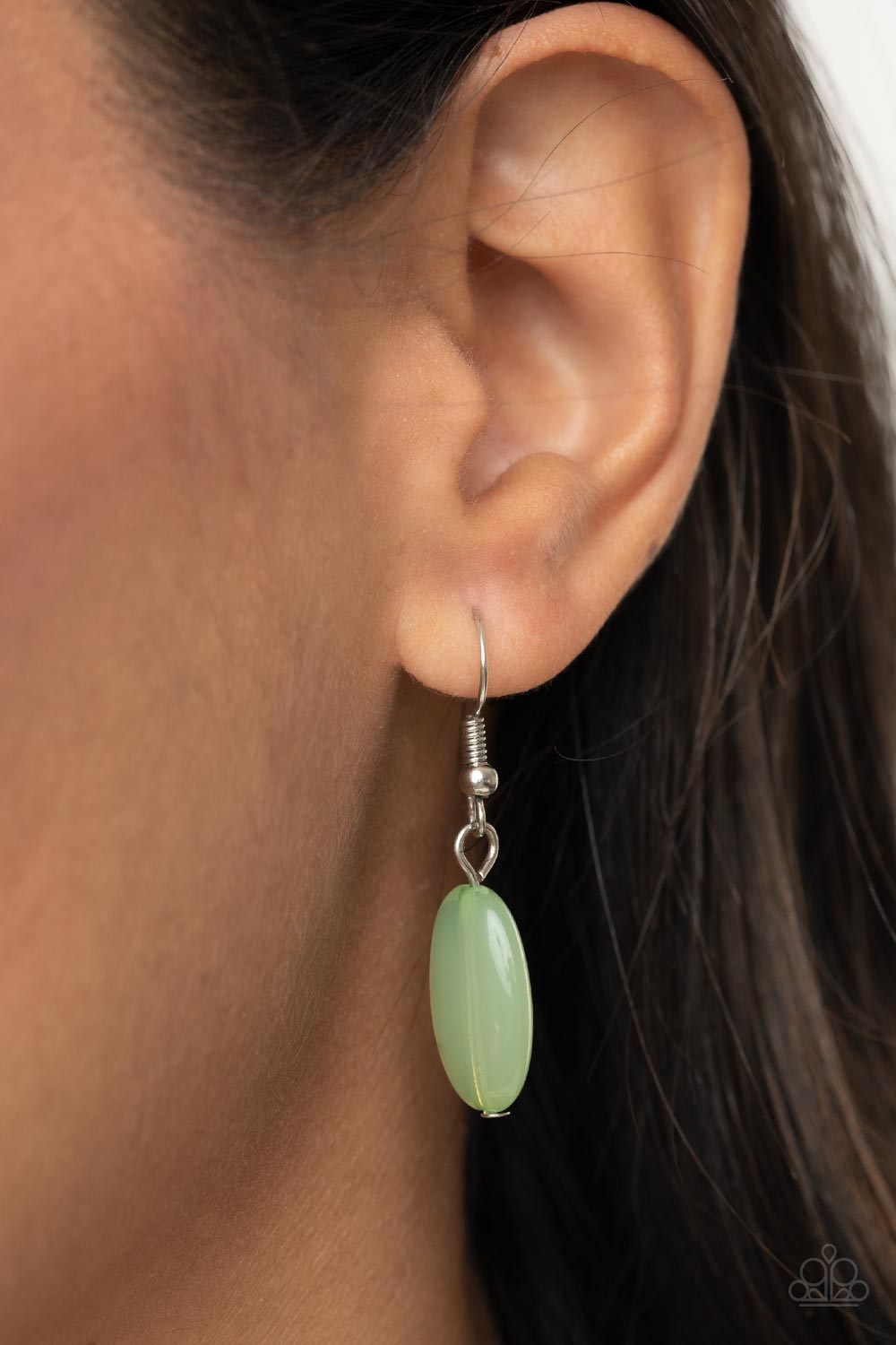 Beachside Boardwalk Green Necklace - Paparazzi Accessories Shiny silver ovals and glassy green oval beads delicately link across the chest, creating a whimsical pop of color. Features an adjustable clasp closure. All Paparazzi Accessories are lead free and nickel free! Sold as one individual necklace. Includes one pair of matching earrings.