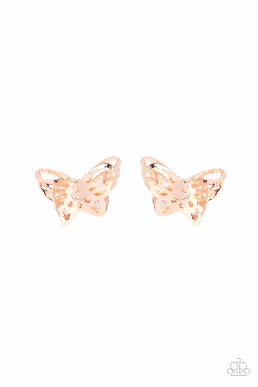Flutter Fantasy Rose Gold Earring - Paparazzi Accessories. Delicately stenciled in airy cutouts, two layers of rose gold wings delicately overlap into a fluttery butterfly for a whimsical fashion. Earring attaches to a standard post fitting. All Paparazzi Accessories are lead free and nickel free! Sold as one pair of post earrings.