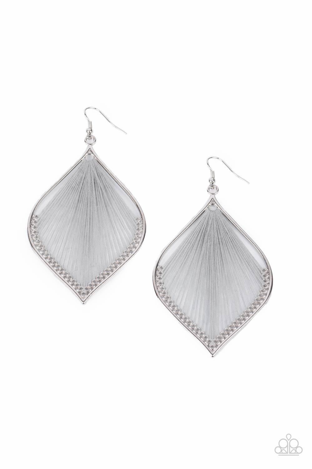 String Theory Silver Earring - Paparazzi Accessories Ultimate Gray string is threaded through small hoops inside a silver mandala-shaped frame for a vibrant artistic adornment. Earring attaches to a standard fishhook fitting. All Paparazzi Accessories are lead free and nickel free! Sold as one pair of earrings.