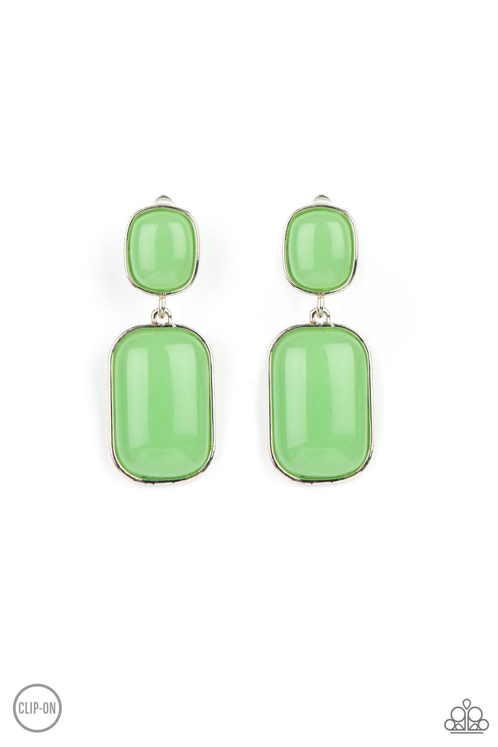 Meet Me At The Plaza Green Clip-On Earring - Paparazzi Accessories Encased in sleek silver frames, milky Green Ash beads link into an oversized lure for a whimsically refined flair. Earring attaches to a standard clip-on fitting. All Paparazzi Accessories are lead free and nickel free! Sold as one pair of clip-on earrings.