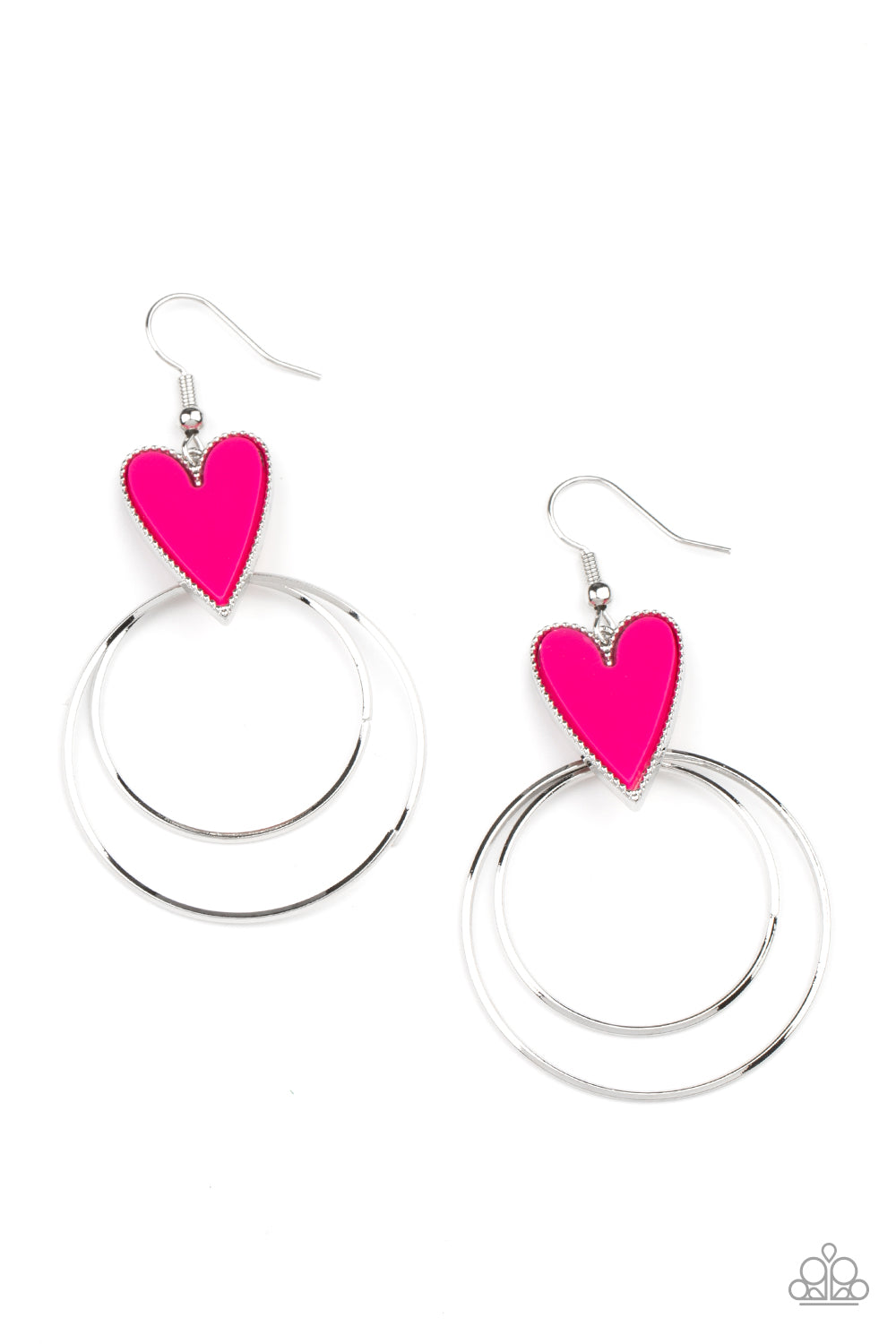 Happily Ever Hearts Pink Earring - Paparazzi Accessories. Dainty silver hoops attach to the bottom of a playful Raspberry Sorbet heart frame, creating a flirtatious pop of color. Earring attaches to a standard fishhook fitting. All Paparazzi Accessories are lead free and nickel free! Sold as one pair of earrings.