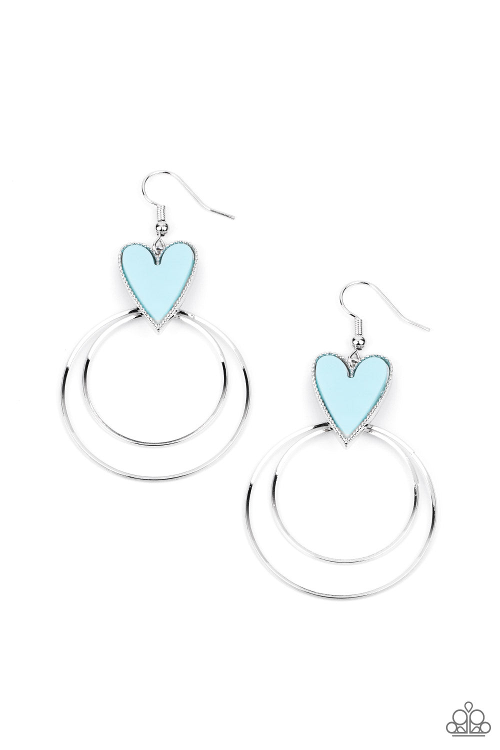 Happily Ever Hearts Blue Earring - Paparazzi Accessories Dainty silver hoops attach to the bottom of a playful Cerulean heart frame, creating a flirtatious pop of color. Earring attaches to a standard fishhook fitting. All Paparazzi Accessories are lead free and nickel free! Sold as one pair of earrings.