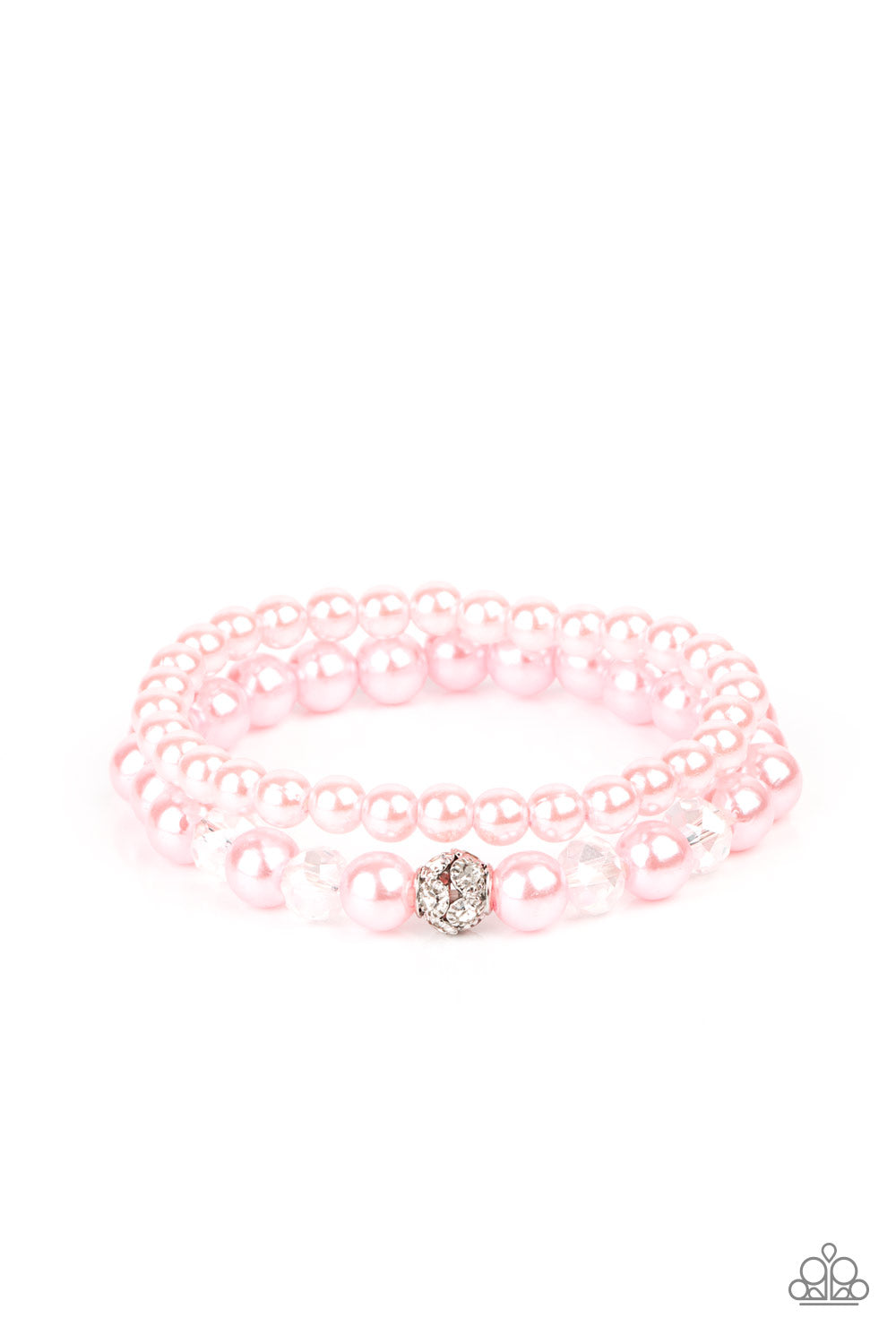 Cotton Candy Dreams Pink Bracelet - Paparazzi Accessories A collection of dainty pink pearls and glassy crystal-like beads are threaded along two stretchy bands around the wrist, creating timeless layers. A white rhinestone encrusted silver bead adorns the center of one bracelet, creating a sparkly centerpiece. Sold as one pair of bracelets.