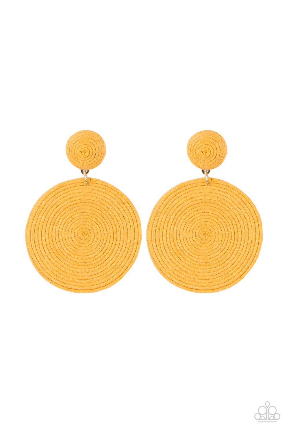 Circulate The Room Yellow Post Earring - Paparazzi Accessories A generous disc of yellow thread spirals around and around for a dizzying finish as it connects to a yellow threaded button post. Earring attaches to a standard post fitting. All Paparazzi Accessories are lead free and nickel free! Sold as one pair of post earrings.