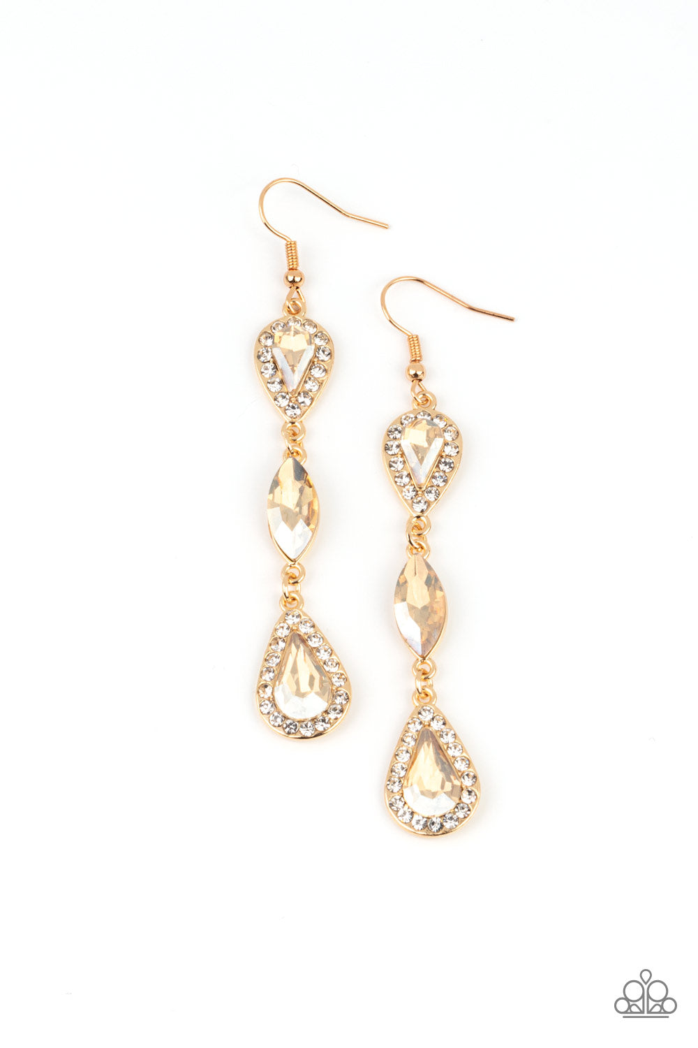 Test of TIMELESS Gold Earring - Paparazzi Accessories A trio of teardrop and marquis cut golden gems fall in succession from the ear. The teardrops are set in gold frames studded with white rhinestones for a sparkly finish. Earring attaches to a standard fishhook fitting. All Paparazzi Accessories are lead free and nickel free! Sold as one pair of earrings.