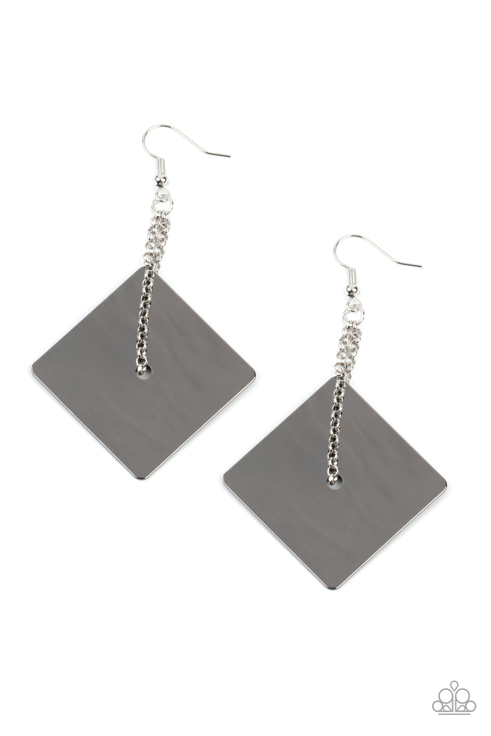 Block Party Posh Black Earring - Paparazzi Accessories A dainty silver chain is threaded through the center of a flat square gunmetal frame, looping into an edgy lure. Earring attaches to a standard fishhook fitting. Sold as one pair of earrings.