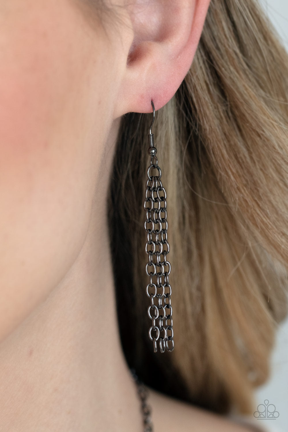 Guide To The Galaxy Black Necklace - Paparazzi Accessories Large triangular cutouts stamped in a lightly dotted texture link below the collar forming a dramatic display of gunmetal slices. Features an adjustable clasp closure. All Paparazzi Accessories are lead free and nickel free! Sold as one individual necklace. Includes one pair of matching earrings.
