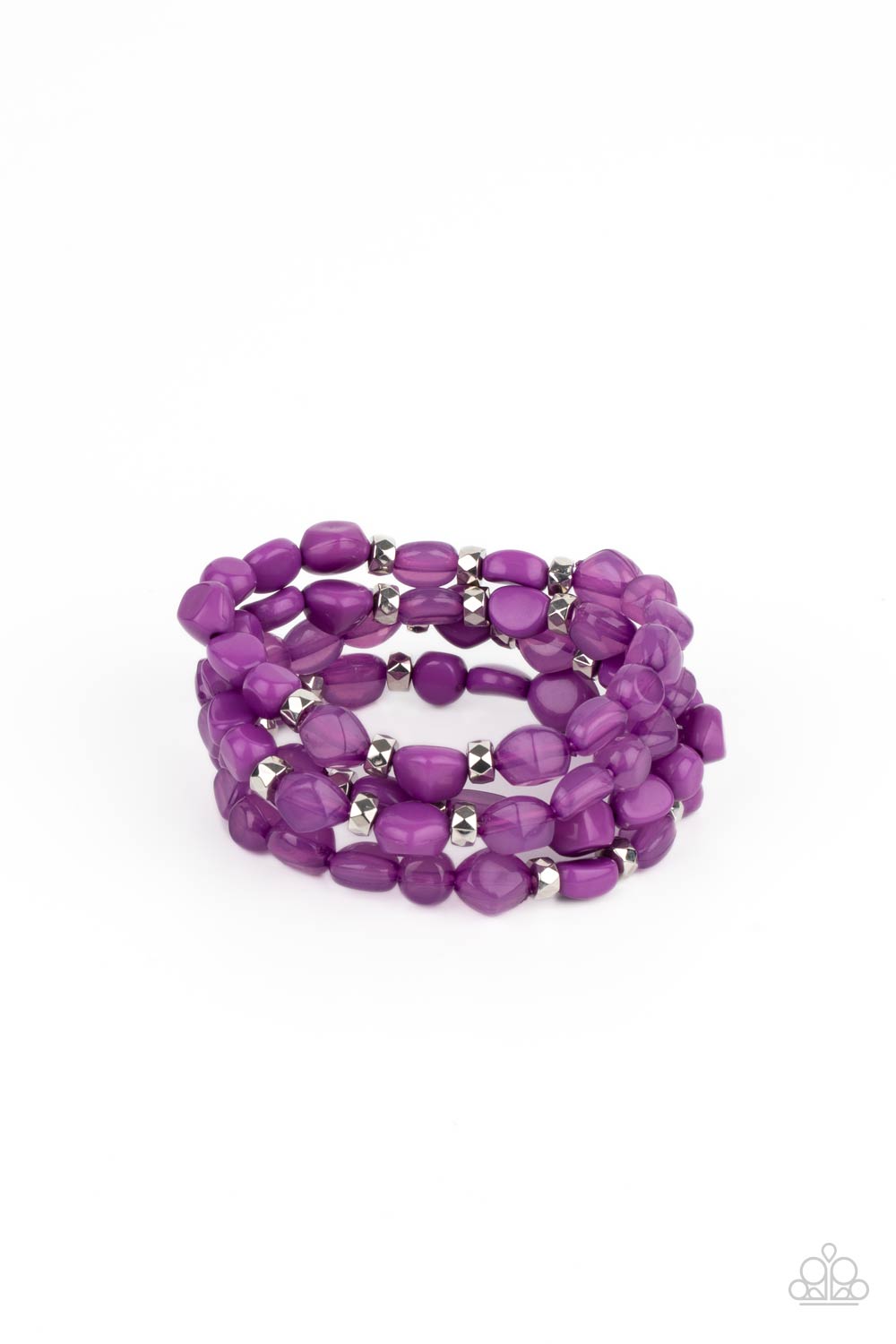 Nice GLOWING! Purple Bracelet - Paparazzi Accessories Bright purple irregular shaped beads in varying opacities, accented with shining faceted silver beads are threaded along stretchy bands and stack up the wrist for a glowing display. All Paparazzi Accessories are lead free and nickel free! Sold as one individual bracelet.