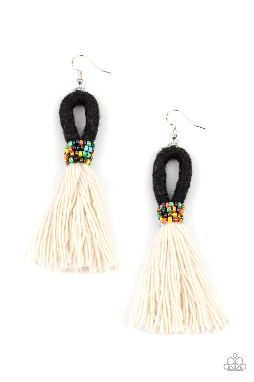 The Dustup Black Earring - Paparazzi Accessories A tassel of soft white cotton fans out under rows of brightly colored seed beads. Anchored by a loop of jet black floss, the eye-catching style swings from the ear for a show-stopping statement. Earring attaches to a standard fishhook fitting. All Paparazzi Accessories are lead free and nickel free! Sold as one pair of earrings.