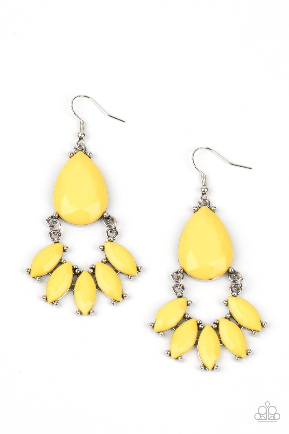 POWERHOUSE Call Yellow Earring - Paparazzi Accessories. A curved row of marquise cut Illuminating beads attaches to the bottom of a dramatically oversized teardrop Illuminating bead, coalescing into a glamorous lure. Earring attaches to a standard fishhook fitting. All Paparazzi Accessories are lead free and nickel free! Sold as one pair of earrings.