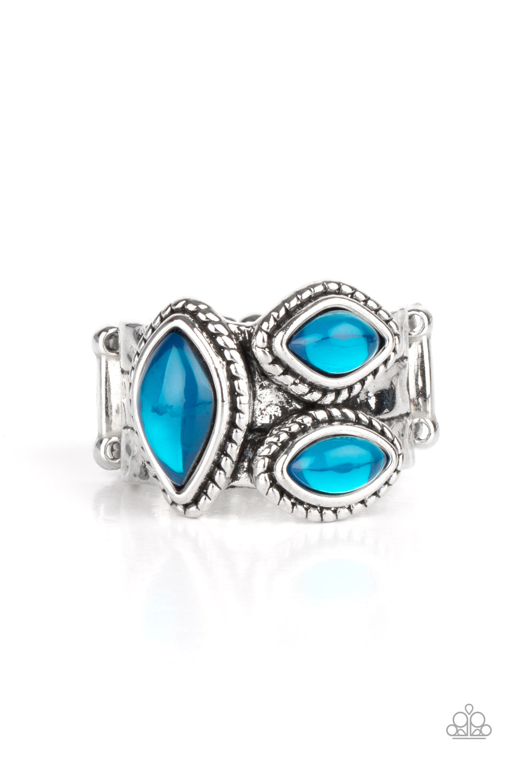 The Charisma Collector Blue Ring - Paparazzi Accessories A trio of glassy blue marquise beads embellish the front of a hammered silver band etched in faux layers, creating an ethereal display atop the finger. Features a stretchy band for a flexible fit. All Paparazzi Accessories are lead free and nickel free! Sold as one individual ring.