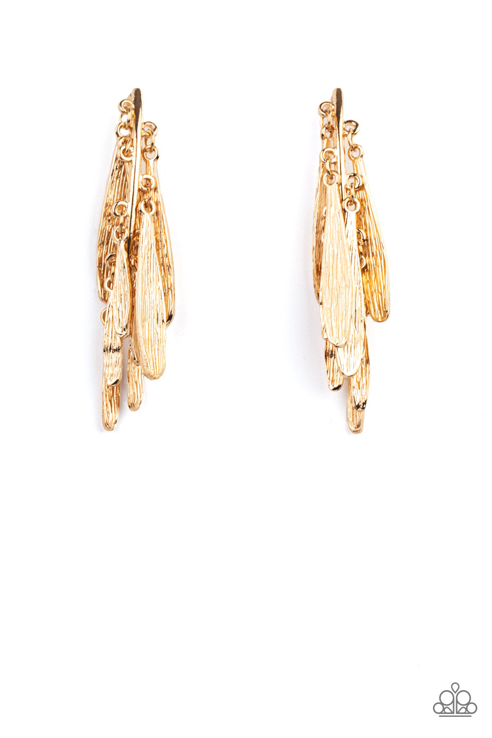 Pursuing The Plumes Gold Post Earring - Paparazzi Accessories. Textured petal-like plumes cluster around a curved gold bar and dance in an unexpected funky fringe below the ear. Earring attaches to a standard post fitting. All Paparazzi Accessories are lead free and nickel free! Sold as one pair of post earrings.