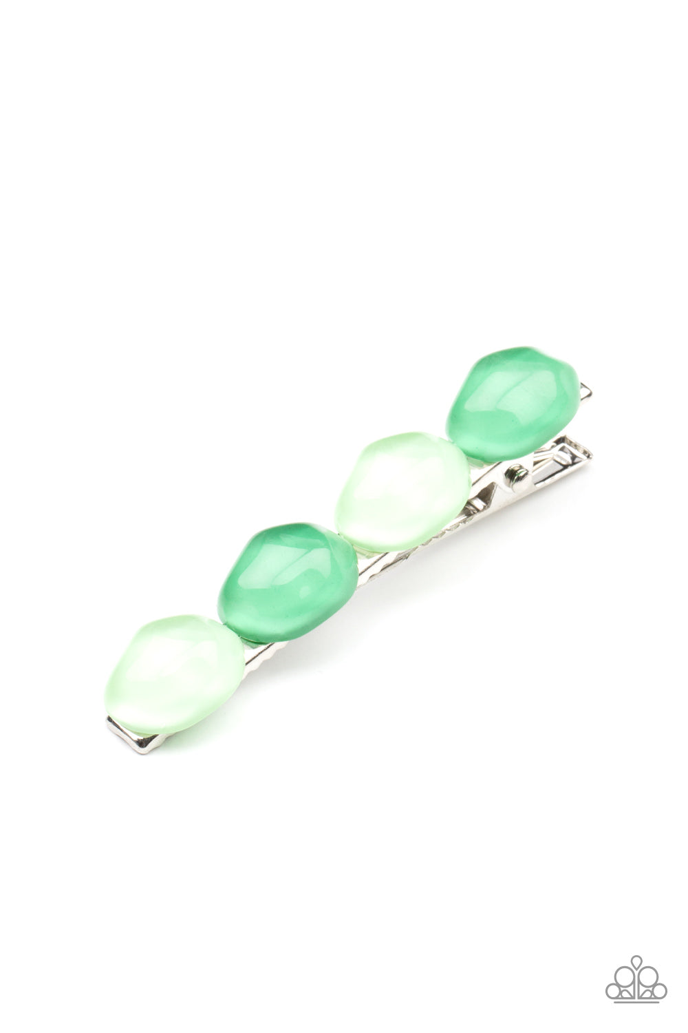 Bubbly Reflections Green Hair Clip - Paparazzi Accessories Featuring light-scattering refractions, asymmetrical Mint and Green Ash glassy pebble-like beads adorn the front of a classic bobby pin. All Paparazzi Accessories are lead free and nickel free! Sold as one individual decorative bobby pin.