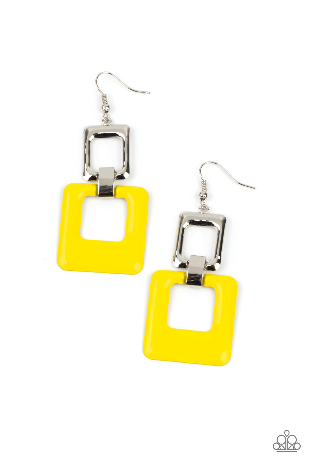Twice As Nice Yellow Earring - Paparazzi Accessories A cutout square painted in the bold Pantone® of Illuminating sways from a shiny silver cutout square for a playful finish. Earring attaches to a standard fishhook fitting. All Paparazzi Accessories are lead free and nickel free! Sold as one pair of earrings.