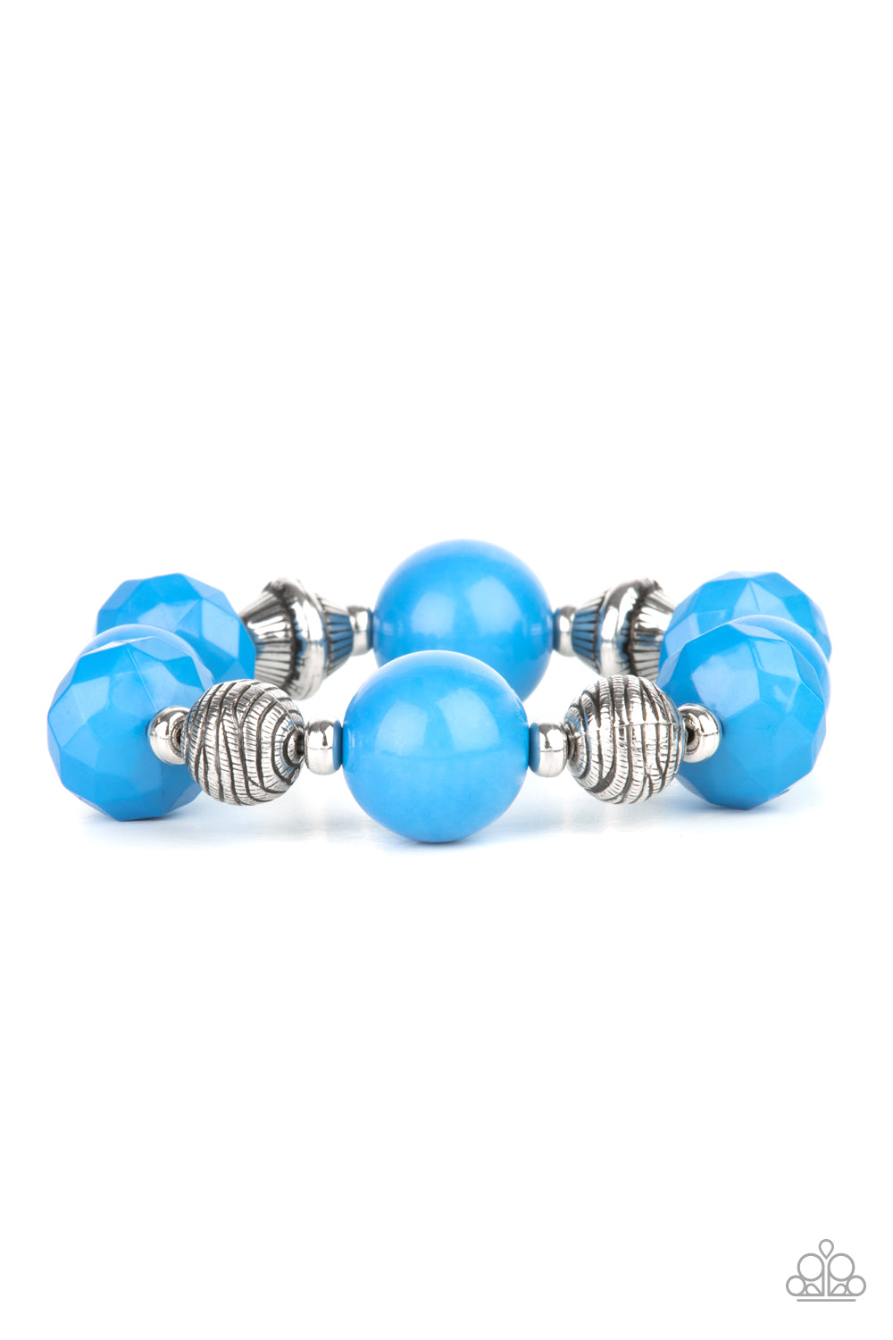 Day Trip Discovery Blue Bracelet - Paparazzi Accessories A collection of polished French Blue beads in smooth round and faceted shapes, are threaded along a stretchy band. Accents of silver beads etched in linear designs adds a down to earth finish to the whimsical bracelet. All Paparazzi Accessories are lead free and nickel free! Sold as one individual bracelet.