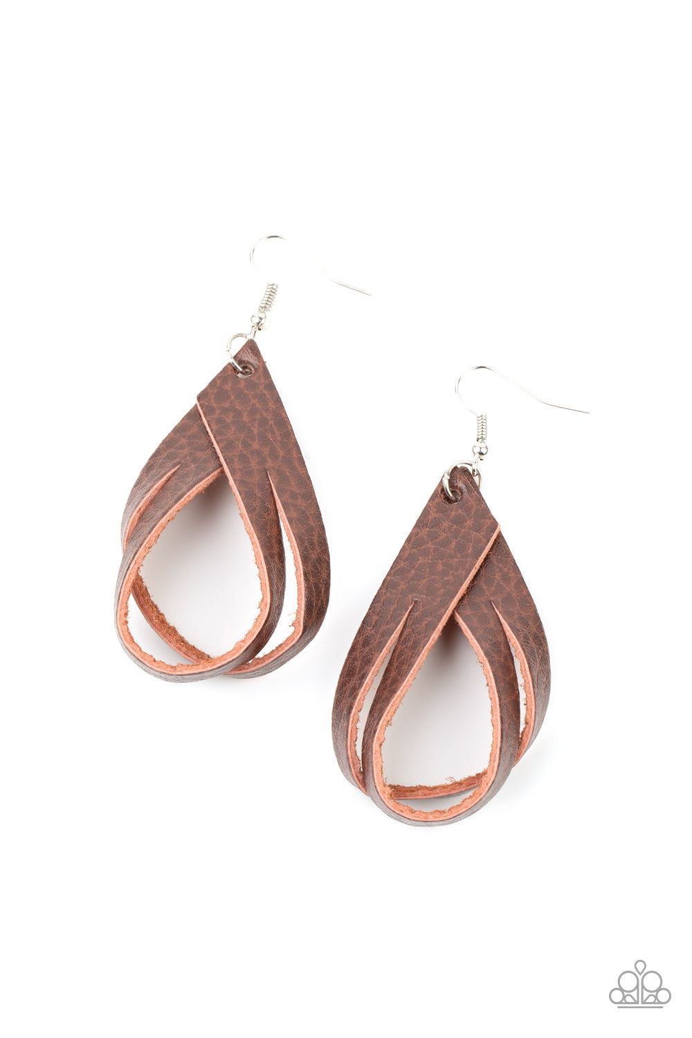 Thats A STRAP Brown Earring - Paparazzi Accessories. A piece of rustic brown leather is spliced into strands that delicately loop into an earthy frame. Earring attaches to a standard fishhook fitting. All Paparazzi Accessories are lead free and nickel free! Sold as one pair of earrings.