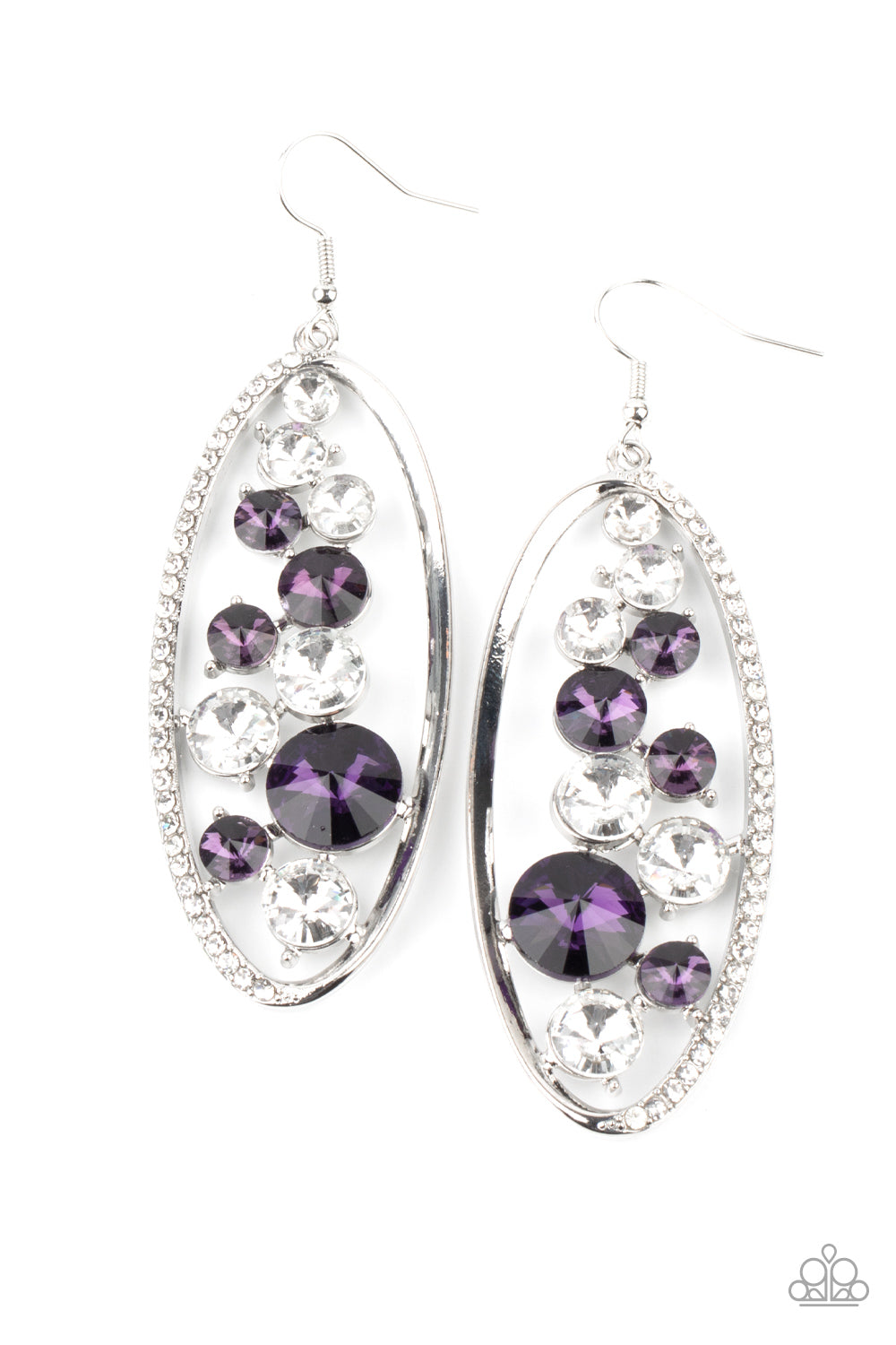 Rock Candy Bubbly Purple Earring - Paparazzi Accessories An oversized collection of glassy white and glittery purple rhinestones sparkle inside a silver oval frame. One side of the frame is encrusted in dainty white rhinestones, adding a refined flair to the bubbly lure. Earring attaches to a standard fishhook fitting. Sold as one pair of earrings.