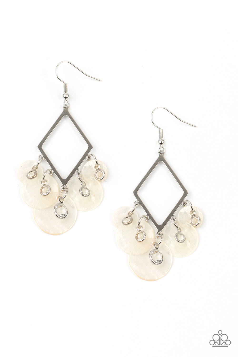 Pomp And Circumstance White Earring - Paparazzi Accessories. Gradually increasing in size, a glimmering collection of glassy white rhinestones and iridescent white shell-like discs cascade from the bottom of a diamond shaped silver frame, creating a flirtatious fringe. Earring attaches to a standard fishhook fitting. All Paparazzi Accessories are lead free and nickel free! Sold as one pair of earrings.