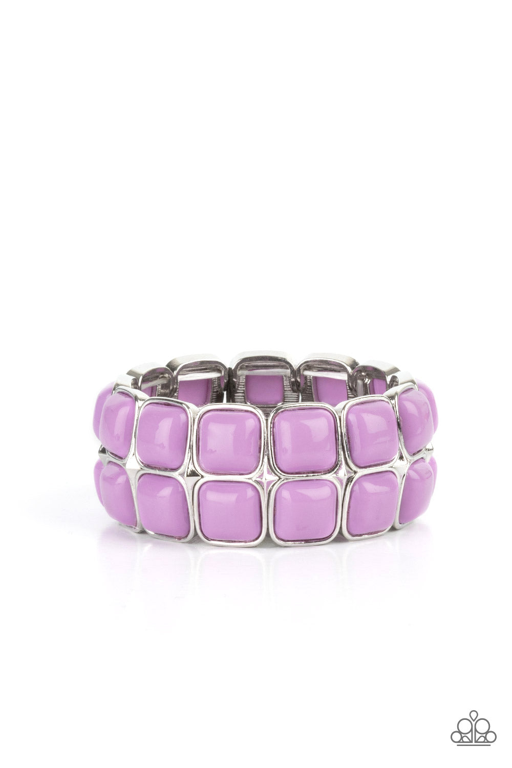 Double The DIVA-ttitude Purple Bracelet - Paparazzi Accessories Stacks of cubed Amethyst Orchid beaded silver frames are threaded along a stretchy band around the wrist, creating a bubbly pop of color. All Paparazzi Accessories are lead free and nickel free! Sold as one individual bracelet.