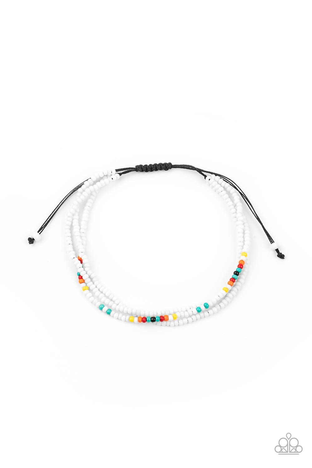 Basecamp Boyfriend White Urban Bracelet - Paparazzi Accessories Two strands of dainty white seed beads, highlighted with a strand of brightly colored beads, form a simple accent around the wrist. Features an adjustable sliding knot closure. All Paparazzi Accessories are lead free and nickel free! Sold as one individual bracelet.