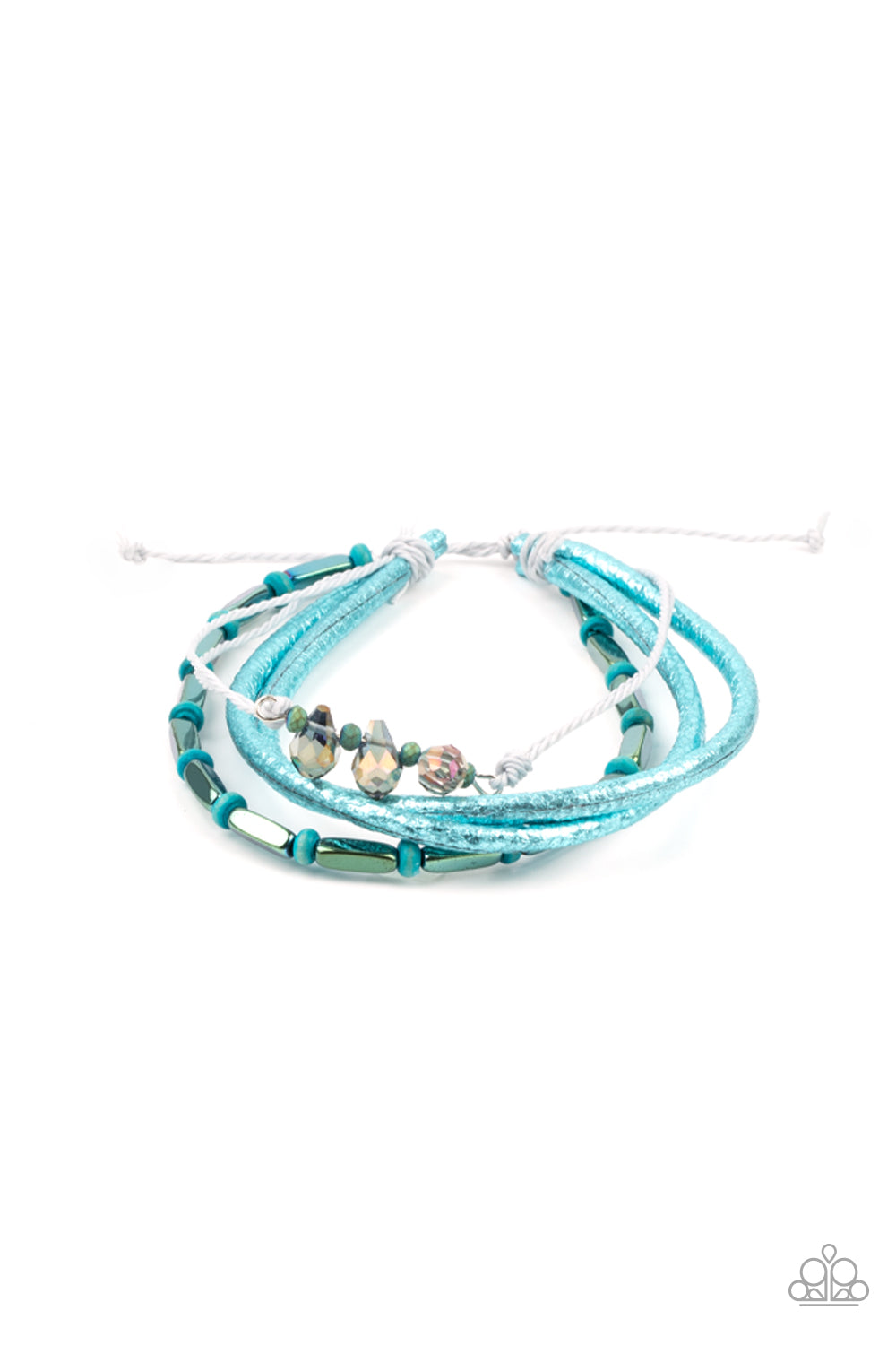 Holographic Hike Blue Urban Bracelet - Paparazzi Accessories A mismatched collection of metallic beads, blue wooden beads, and iridescent crystal-like beads are threaded along gray threaded and glittery blue leather cording, creating stellar layers around the wrist. Features an adjustable sliding knot closure. All Paparazzi Accessories are lead free and nickel free! Sold as one individual bracelet.