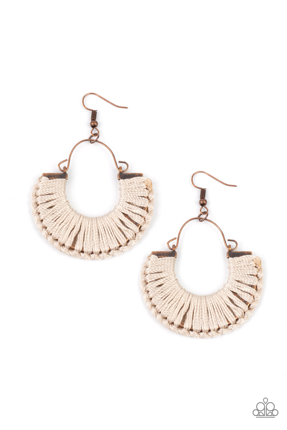 Threadbare Beauty Copper Earring - Paparazzi Accessories Shiny thread wraps and knots around a copper half moon frame, creating a rustic boho frame. Earring attaches to a standard fishhook fitting. All Paparazzi Accessories are lead free and nickel free! Sold as one pair of earrings.