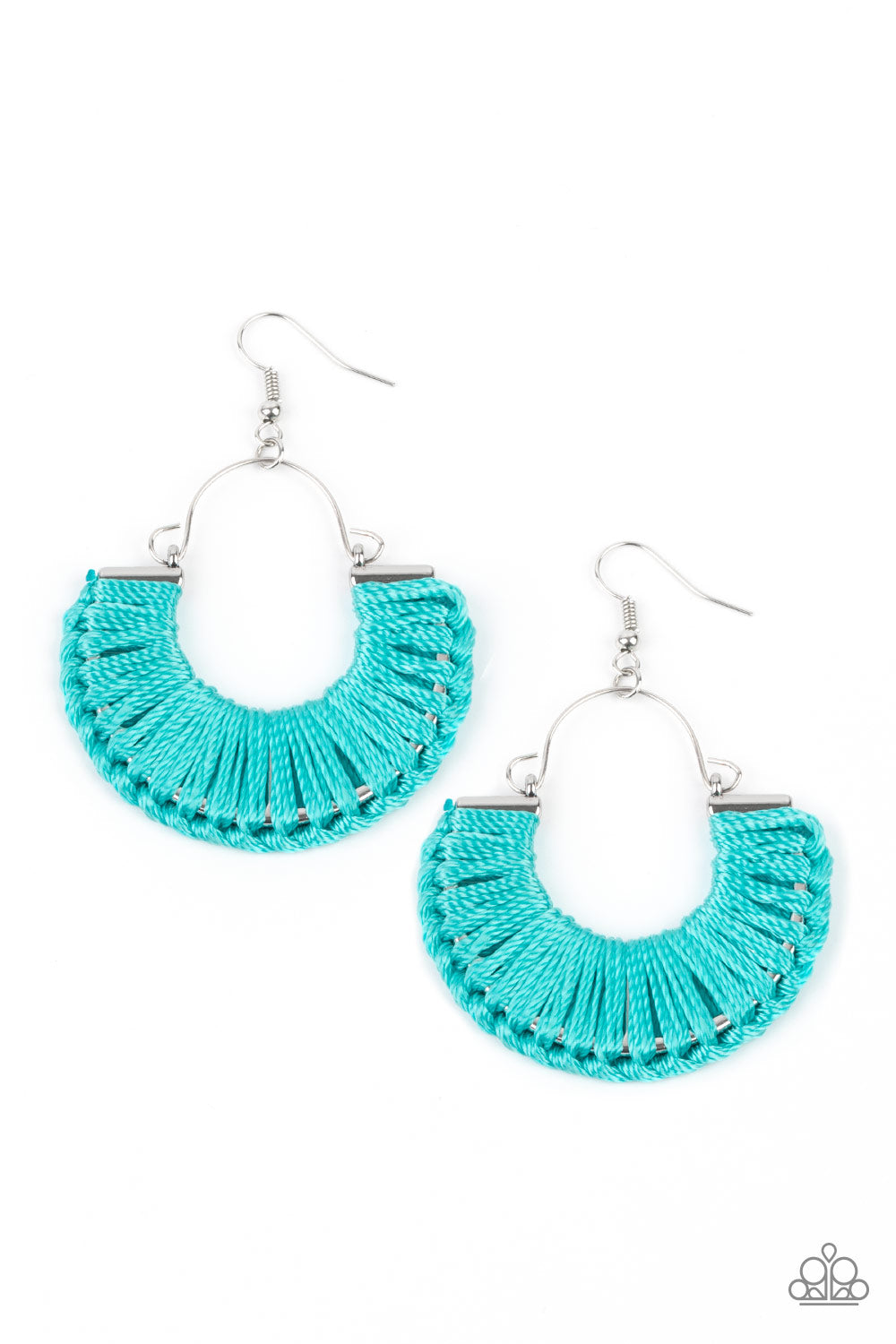 Threadbare Beauty Blue Earring - Paparazzi Accessories. Shiny Blue Tint thread wraps and knots around a silver half moon frame, creating a colorful boho frame. Earring attaches to a standard fishhook fitting. All Paparazzi Accessories are lead free and nickel free! Sold as one pair of earrings.